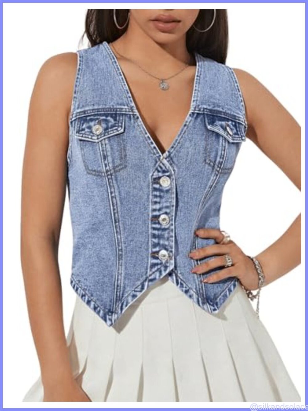 Sleeveless Denim Vest Top with V-Neck and Button Down Closure
